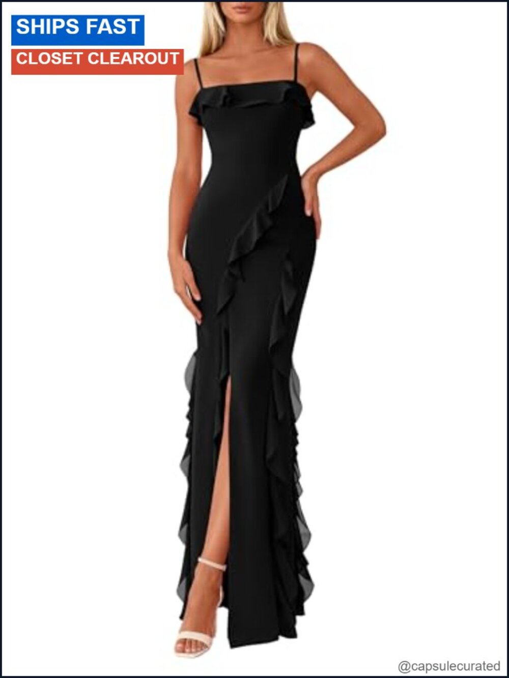 Bodycon Mesh Maxi Dress Ruffle Spaghetti Strap Square Neck Formal Cocktail